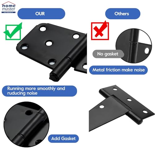 HOME MASTER HARDWARE 6" Heavy Duty Gate Hinges, 4 Pack T-Strap Hinge, Black | Steel Wought Hinges for Wooden Fences, Shed Door, Rotate 270 Degrees, 70LBS Capacity, Included Screws, Black Finish