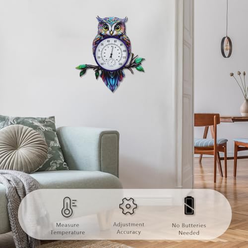 Large Outdoor Thermometer, Printed Owl Wall Thermometer | 22" Metal Indoor & Outside Thermometer with Large Number for Patio Home Room Decor - color: Multi Owl