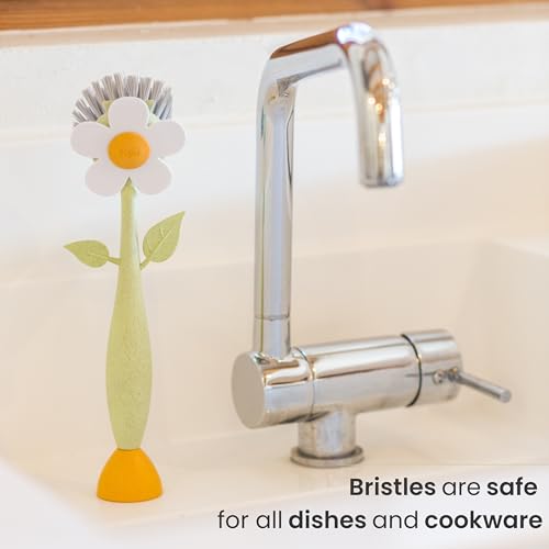 Vigar Florganic Dish Brush with Handle and Built-in Stand, Multicolor | Daisy-Shaped Kitchen Scrub Brush, Dishes and Sink Cleaning, Non-Stick Safe Soft Nylon Bristles, Dishwasher Safe
