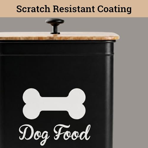 Metal Dog Food Container 5-7lb, 25 Cup w/ Airtight Bamboo Lid, Metal Handle | Pet Jar For Dogs up to 50lbs, Airtight Bamboo Lid, Sturdy Comfortable Metal Handle, Powder Coated Iron, Kibble Storage Bin - color: Black: Bone