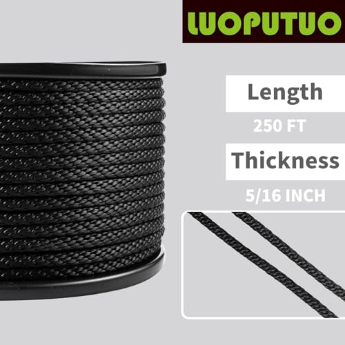 5/16 Inch × 250 FT Black Polyester Solid Braid Rope – UV & Abrasion Resistant, Low Stretch, Multipurpose for Flagpole Halyard, Clothesline, Camping, and Utility Tasks - size: 5/16 In×250 FT