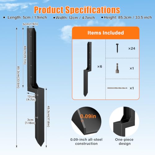 6 Pcs Fence Post Repair Kit,4×4/6x6 Fence Post Support,Heavy Duty Post Anchor Ground Spike with One-Piece Steel Anchor & Stakes for Repair Tilted, Broken Wood Fence Post - size: One-Piece