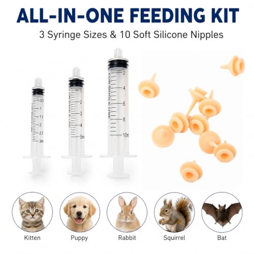 Pet Feeding Syringe with 10pcs Silicone Nipples, Kitten Nursing Syringe for Newborn Puppies, Cat, Dog,Rabbits, Squirrels, Birds,Small Animals(5ml +10ml+3ml)