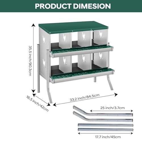 6 Compartment Chicken Nest, Stainless Steel Laying Boxes for Hens with 4 Dummy Eggs and 10 Dampproof Pets Mats, Wall Mounted or Free Standing Chicken Boxes, Roll Out Design, Green, with Stand Style