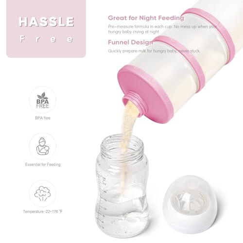 Termichy Stackable Formula Dispenser Portable: Milk Powder Container to go | Separated Compartments Premeasure Storage - Mess-Free Funnel Spout for No-Spill Pouring - for Home or Travel Use - color: Baby Pink
