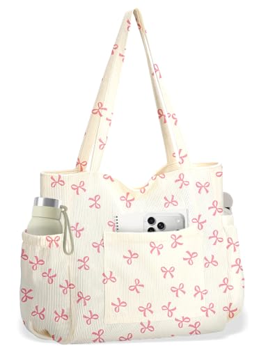 Corduroy Tote Bag for Women, Cute Floral Tote Bag with Zipper, Large Shoulder Handbag with Multi-Pockets for Work Travel Gym - color: Pink Bows