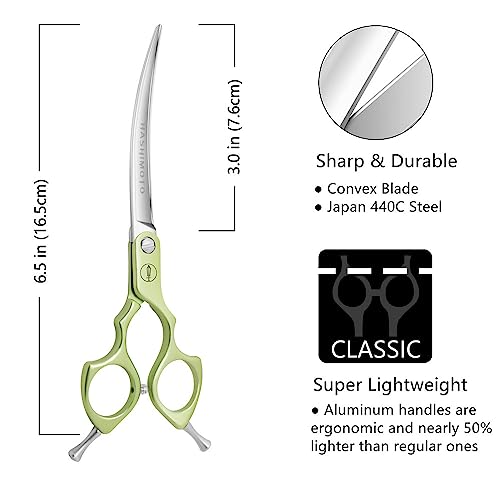HASHIMOTO Curved Scissors for Dog Grooming, 6.5 inch, Extremely Lightweight | Ultralight Aluminum Handles, 440C Stainless Steel, 30 Degree of Curved Blade - size: 6.5", style: Curved (Super Lightweight)