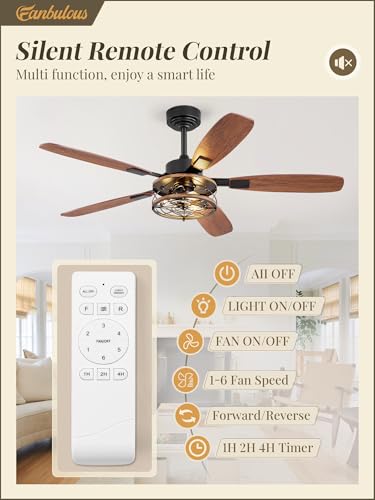 52 Inch Farmhouse Ceiling Fan with Light and Remote, Black Industrial Caged Flush Mount Ceiling Fans with 6 Speed Reversible Motor and Dual Finish 5 Blades, Rustic Ceiling Fan for Living room, Bedroom | Industrial Caged Flush Mount Ceiling Fans with 6 Spe
