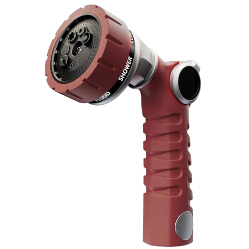 RESTMO Heavy Duty Hose Nozzle, Metal Garden Water Hose Sprayer | 7 Watering Patterns, Thumb Control, On Off Valve, Leak Proof Nozzle Sprayer for Watering Plants, Car & Pet Washing, Red - color: Red