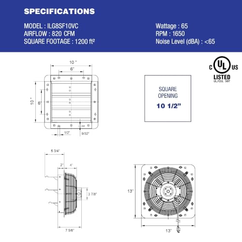 iLiving 10" Shutter Exhaust Fan with Wireless Smart Remote Controlled Thermostat and Humidity, Variable Speed Wall Mounted Attic Vent Fan, Chicken Coop Ventilation, 820 CFM, 1200 SQF Coverage Area - size: 10 inches