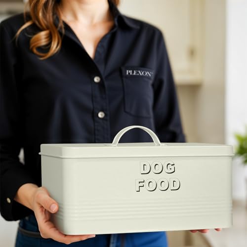 Plexon Metal Dog Food Storage Container with Scoop - Small Dog Food Container 10lbs Holder Treat Jar Bin with Lid - Pet Chow Storage Canister Tin, 2 Gallon, Off-White - color: Off-white, 2 Gall Capacity
