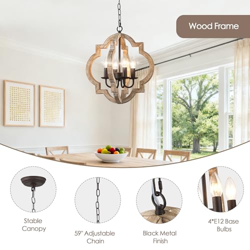 16" Farmhouse Chandelier for Dining Room, Wood Rustic Chandelier | Dining Room Light Fixtures Over Table 4-Lights French Country Hanging Light, Adjustable Height for Entryway Kitchen Island - color: 16" Wood