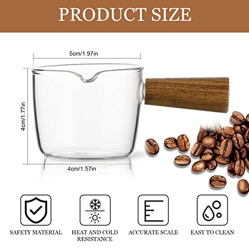 Mwellewm Single Spout Espresso Coffee Shot Glass with Wood Handle Measuring Cup Triple Pitcher Milk Cup Coffee Replacement Carafe for Barista Coffee Carafe Milk Espresso Making, 75 ml (2 Pieces) - size: 2 Pieces