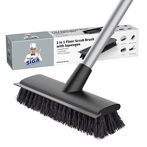 MR.SIGA Floor Scrub Brush with Long Handle for Cleaning Cleaning Bathroom | Shower floor scrubber, 2 in 1 scrubber and squeegee for cleaning patio, garage, wall, tile with stiff Bristles