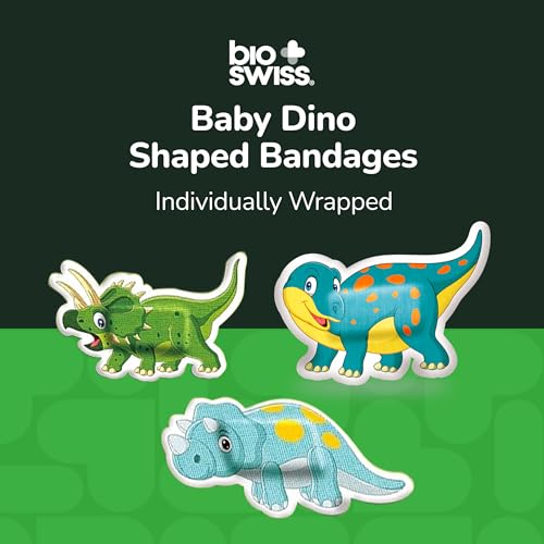 BioSwiss Bandages, Dino Shaped Self Adhesive Bandage Set, Latex Free, Sterile Wound Care, 24 Count - size: 24-Count Box, style: Baby Dino