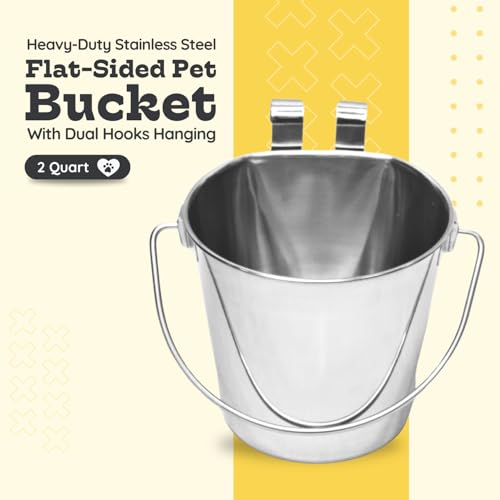 Stainless Steel Flat Side Bucket with Dual Hooks 2 Quart (0.5Gallon)– Heavy Duty Hanging Dog Water & Food Bowl Kennel, Cage & Crate, Durable Pet Pail for Dogs, Cats, Birds & Small Animals - size: 2 Quart