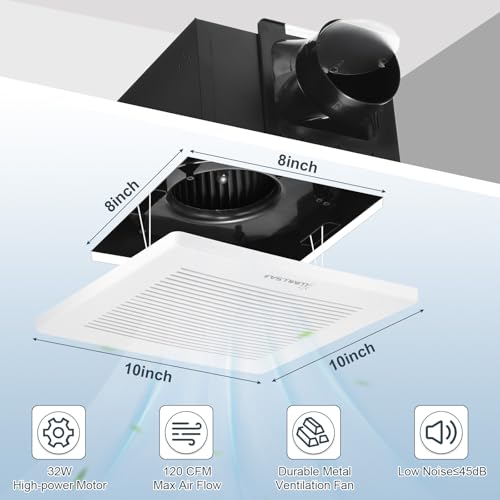 Bathroom Exhaust Fan, 120CFM Bathroom Fan Ceiling Mounted 8"x8" | Ventilation Fan Large Air-flow Capacity Bathroom Fan, 4 Inch Duct, No Attic Access Needed - size: 10"