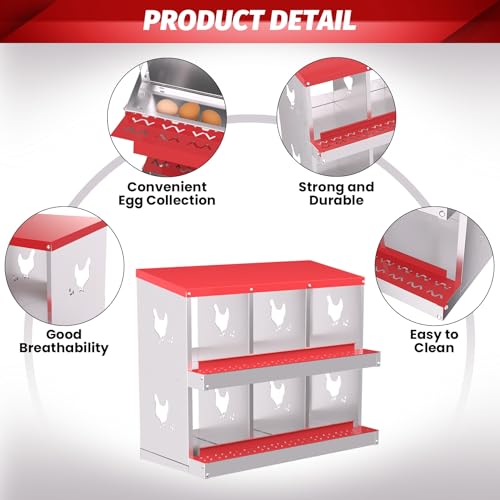 Chicken Nesting Box, 6-Hole Nesting Boxes with Bracket Legs, Removable Tray, Ventilation Holes, Easy Egg Collection & Cleaning, Laying Boxes for Hens, Red - color: Red, size: 32.1"L x 16.9"W x 26.6"H