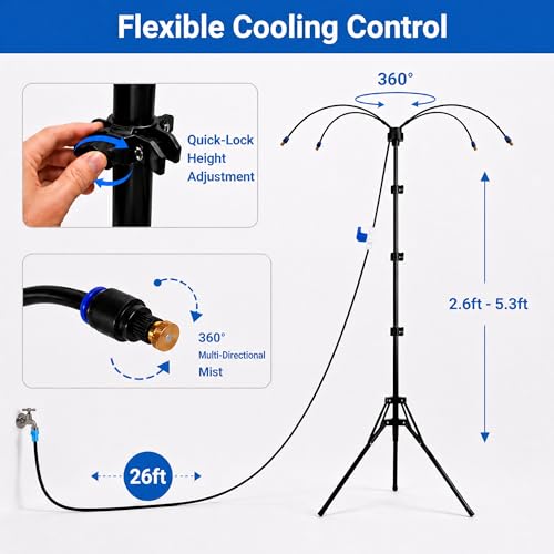 Standing Misters for Outside Patio, 5.3Ft Adjustable Misting System | Portable Mister with 26Ft Water Hose and Stable Tripod Base for Backyard Pool Garden Cooling