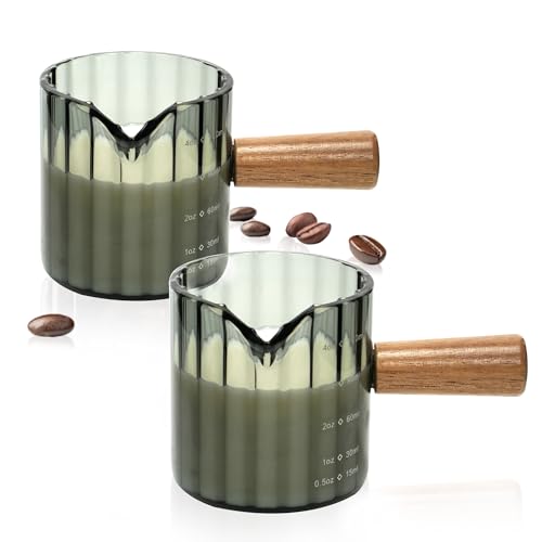 Espresso Cups Set of 2, 4 OZ Espresso Shot Glasses with Wood Handle, Gray | V-Shaped Spouts, Ribbed Milk Frothing Pitcher, Small Glass Measuring Cup, Demitasse Cups, Coffee Espresso Accessories - color: Gray