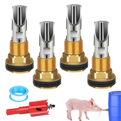 4 Pack Pig Waterer Nipple Kit, Hog Water Nipples for Barrels | Automatic Pig Nipple Water Drinker, 304 Stainless Steel, 28 mm Hole Opener, PTFE Tape, Pigs and Goats - color: Coppery-4 Pcs