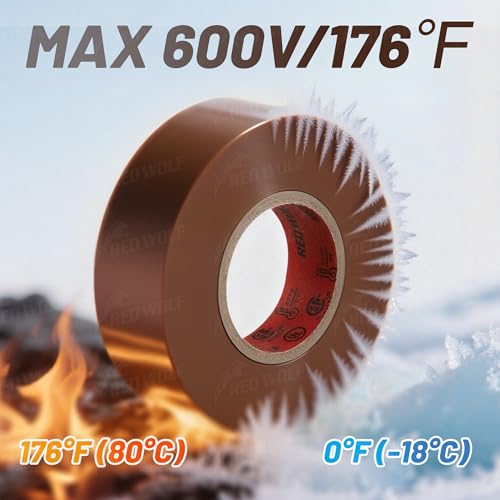 RED WOLF 10 Pack Brown Electrical Tape 3/4 Inch x 66 Ft Industrial Grade UL/CSA Listed 7 Mil Thick Flame Retardant High Temp Waterproof Electrical PVC Tape Electric Super Vinyl Rated 600V - color: Brown