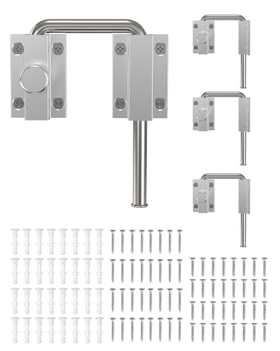 Updated U Patio Sliding Door Loop Lock Latch, Silver-4 PCS | 90/180 Degree Aluminum Alloy Home Security Loop Bolt Lock for Barn Door,Window, Fence, Shed and Gate Latch - Rotary Locking - color: Silver-4 PCS