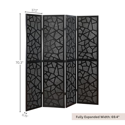 Roundhill Furniture Aurra 4-Panel Wood Room Divider, Folding Portable Partition Screen, Black Screen with Black Frame - color: Black Screen/Black Frame