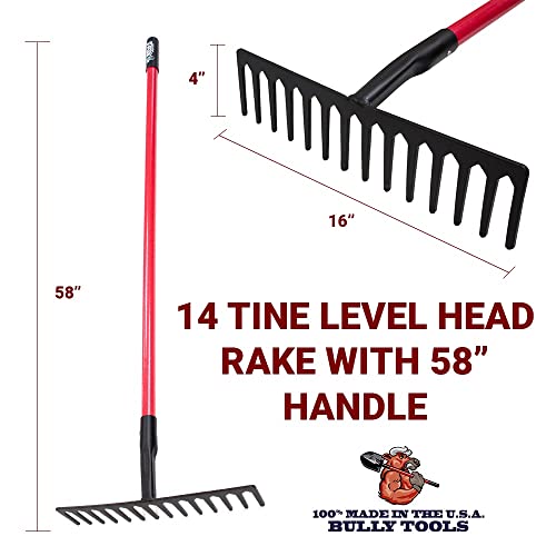 14-Tine Level Head Rake | 60" Fiberglass Long Handle 16" Wide Head Garden Rake Heavy Duty Metal Tool for Soil Leveling, Spreading Mulch Gravel and Thatch | 100% Made in USA | Heavy Duty Metal Garden Rake for Soil Leveling, Spreading Mulch, Gravel and That