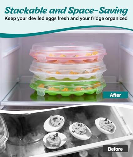 Deviled Egg Container with Lid, 3 Pack Stackable Deviled Egg Platter with Handle, 66-Slot Egg Carrier Tray for Fridge Storage, Easter, Christmas, Parties, Picnic, Dishwasher/Freezer Safe