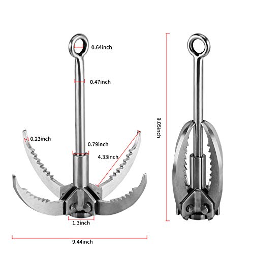 Ant Mag Grappling Hook Stainless Steel Claw Carabiner, 8mm 65ft Black Rope | Auxiliary Rope for Camping, Hiking, Tree Grabbing, Water Lifting, Salvage, Heavy Duty Outdoor Rescue Gear