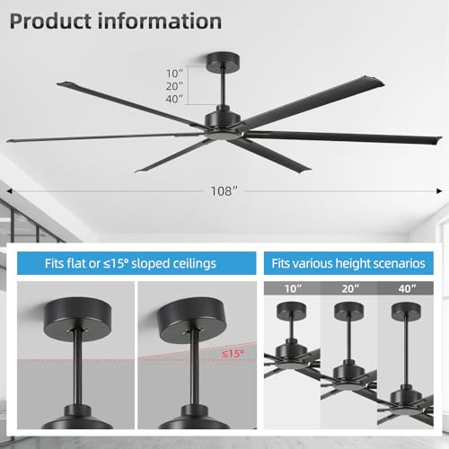 YYEHON 108 Inch Large Industrial Ceiling Fans, HVLS Commercial Black Fan with DC Reversible Motor, 6 Reversible Blades, 3 Downrods, 6-Speed Remote Control, for Shop Gym Garage Warehouse - size: 108 inch