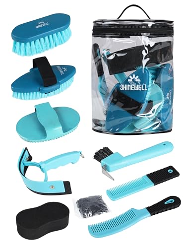 Shinewell Horse Grooming Kit, Complete Horse Brush Set, Equine Grooming Tools for Shedding & Daily Care Blue - color: Blue
