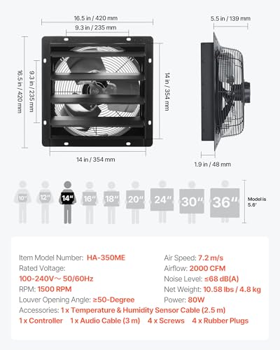 VEVOR 14 inch Exhaust Fan, Wall Mounted Attic Fan with Variable Speed, Temperature & Humidity Controller, 2000 CFM, Automatic Shutter - size: 14 Inch