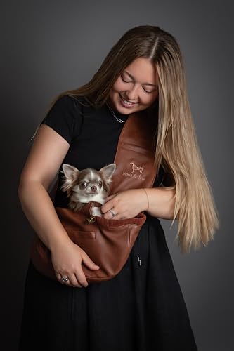 Noah & Paw Dog Sling Carrier for Small Dogs 3-10lb, Dog Sling for Small Dogs and Cats, Dog Carrier with Adjustable Padded Strap, Vegan Leather Lined with Fur, 3X Safety Features, Machine Washable - color: Brown, size: 15.0"L x 6.0"W x 5.5"H