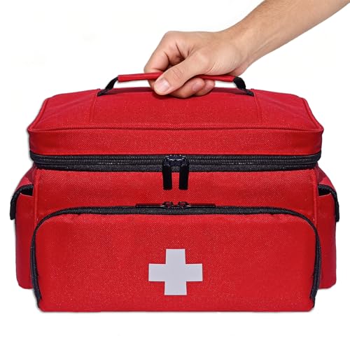Small First Aid Bag Empty Medical Bag Red Pill Bottle Organizer Case, Portable Emergency Bag Travel Medicine Kit Storage 12" x 9" x 7" First Aid Box for Car, Home, Office, Dorm, Camping (Red)