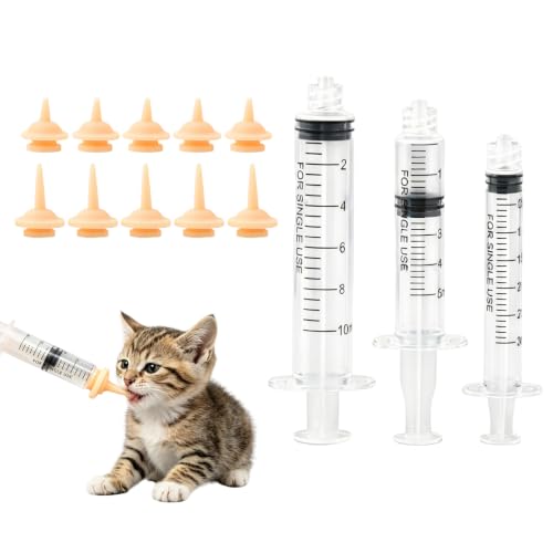 Pet Feeding Syringe with 10pcs Silicone Nipples, Kitten Nursing Syringe for Newborn Puppies, Cat, Dog,Rabbits, Squirrels, Birds,Small Animals(5ml +10ml+3ml)