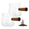 2 Pack Espresso Measuring Cups 6 Oz (180ml), Glass Milk Frothing Pitcher with Wood Handle, V-Shaped Spout with Oz & ML Markings, Heat-Resistant Espresso Shot Cups for Coffee, Milk