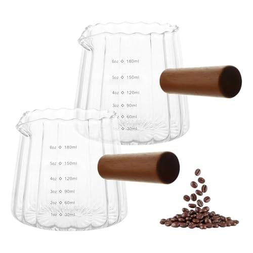 2 Pack Espresso Measuring Cups 6 Oz (180ml), Glass Milk Frothing Pitcher with Wood Handle, V-Shaped Spout with Oz & ML Markings, Heat-Resistant Espresso Shot Cups for Coffee, Milk