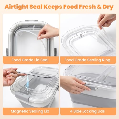 30 Lbs Rice Container, Collapsible Dog Food Storage Container | Airtight Cat Food Container with Wheels, Transparent Lid, Measuring Cup, Scoop and Handle, BPA Free for Pet Food, Bird Seed - size: 30 lbs
