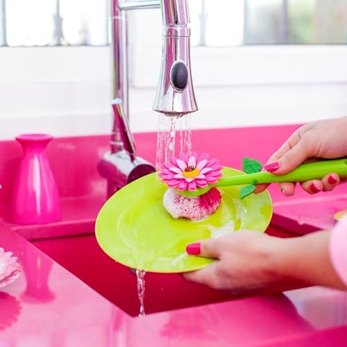 Vigar Flower Power Dish Brush with Handle and Vase Holder - Pink | Dish Scrub Brush for Dishes, Kitchen Scrub Brush, Sink Cleaning Brush, Pot Scrubber, Dishwashing Brush - color: Pink