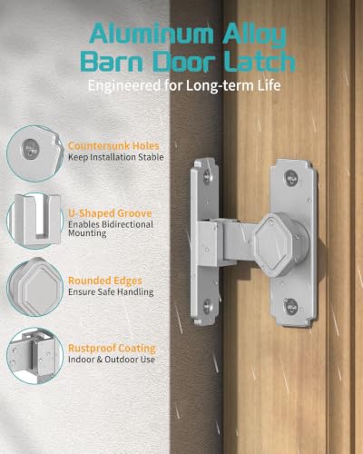 90 Degree Barn Door Latch with Thickened Spacer for Barn, Cabinet | Flip sliding door lock, security gate latches, aluminum alloy, for bathroom, screen, fence, sliding door - color: Silver