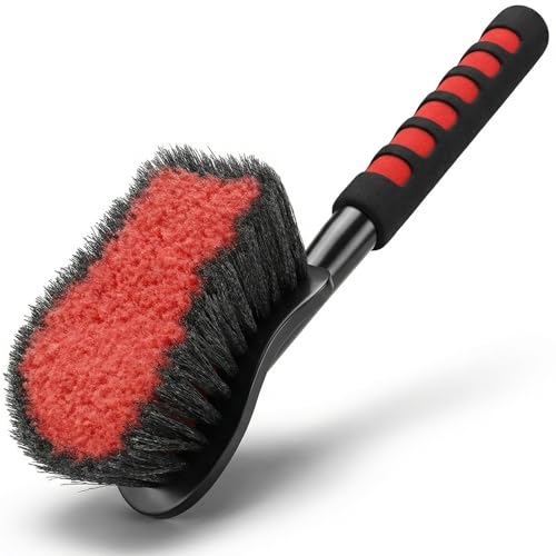 TAKAVU 17.5in Tire Brush, Soft Bristle Long Handle, Scratch-Free (Red) | Scrubs Sidewalls, Brake Dust & Wheel Wells on Cars, Trucks, RVs & Mats, Safe for Chrome & Alloy Rims - color: Red