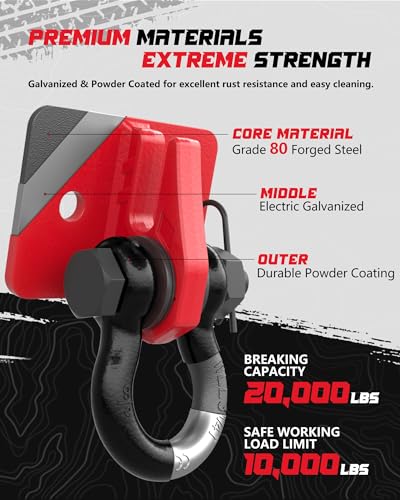 Tractor Bucket Grab Hook with 5/8" D-Ring Shackle Combo, Bolt-On Tow Hook and D-Ring Shackle, Matching Backing Plate, Rubber Gaskets & Isolators, 20000LBS Breaking Strength, 2 Set, Red&Black - color: Red&Black
