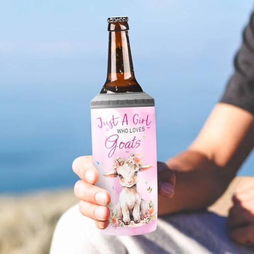 Just a Girl Who Loves Goats 4-in-1 Can Cooler Insulated Tumbler Floral 12 oz Slim Cans Bottles Holder Tumblers Travel Water Bottle Farmhouse Style Gift for Farm Girls Lovers