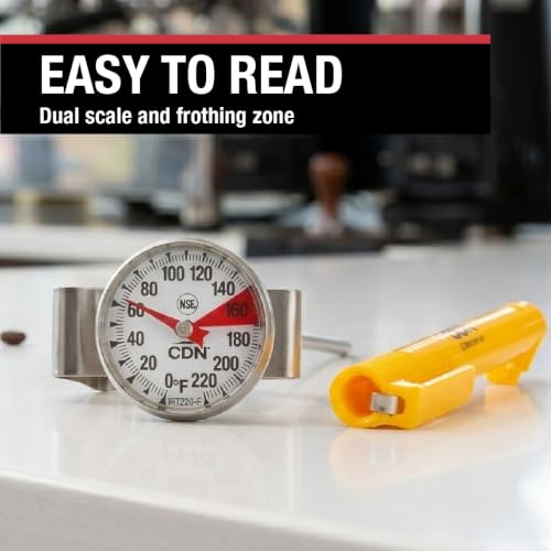 CDN ProAccurate® Instant Read Beverage Frothing Thermometer with Clip for Precise Temperature Measurement, 5" Stainless Steel Stem, Yellow Case (IRB220-F) - size: 5 inch Stem- 1.5 inch Magnified Dial