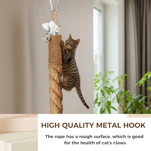 Weysat 2'' x 8.9 ft Cat Climbing Rope with Hook, Natural Jute Rope for Ceiling and Wall Mounted, Space Saving Kitten Scratching Post Toy for Indoor Outdoor - size: 2'' x 8.9 ft