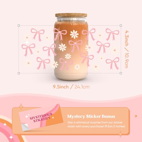 Kaciola 10 Sheets UV DTF Cup Wraps for 16 oz-Bow Theme UV DTF Stickers, 1 Sheet Mysterious Pattern Transfer, Rub on Transfers Stickers for 16 oz Libbey Glasses Crafting - style: Pink Bow