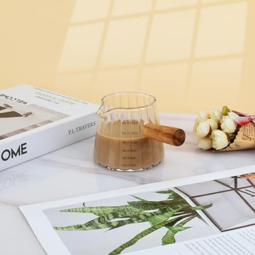 Glass Measuring Cup, 6oz Creamer Pitcher with Wood Handle | Creative Milk Frothing Pitcher Creamer Shot Glass (Transparent) - color: Transparent