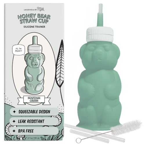 Legendairy Milk Honey Bear Silicone Straw Sippy Cup, Green, 8 oz, 4+ Months | Helps with bottle-to-cup transitions; liquid never touches plastic. BPA- and phthalate-free, dishwasher safe, brush included. - color: Seafoam Green V2